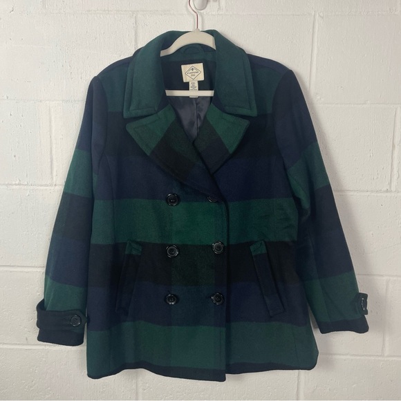 St John's Bay Wool Blend Pea Coat Black Watch Plaid Navy Fisherman Nautical PXL - Picture 1 of 12